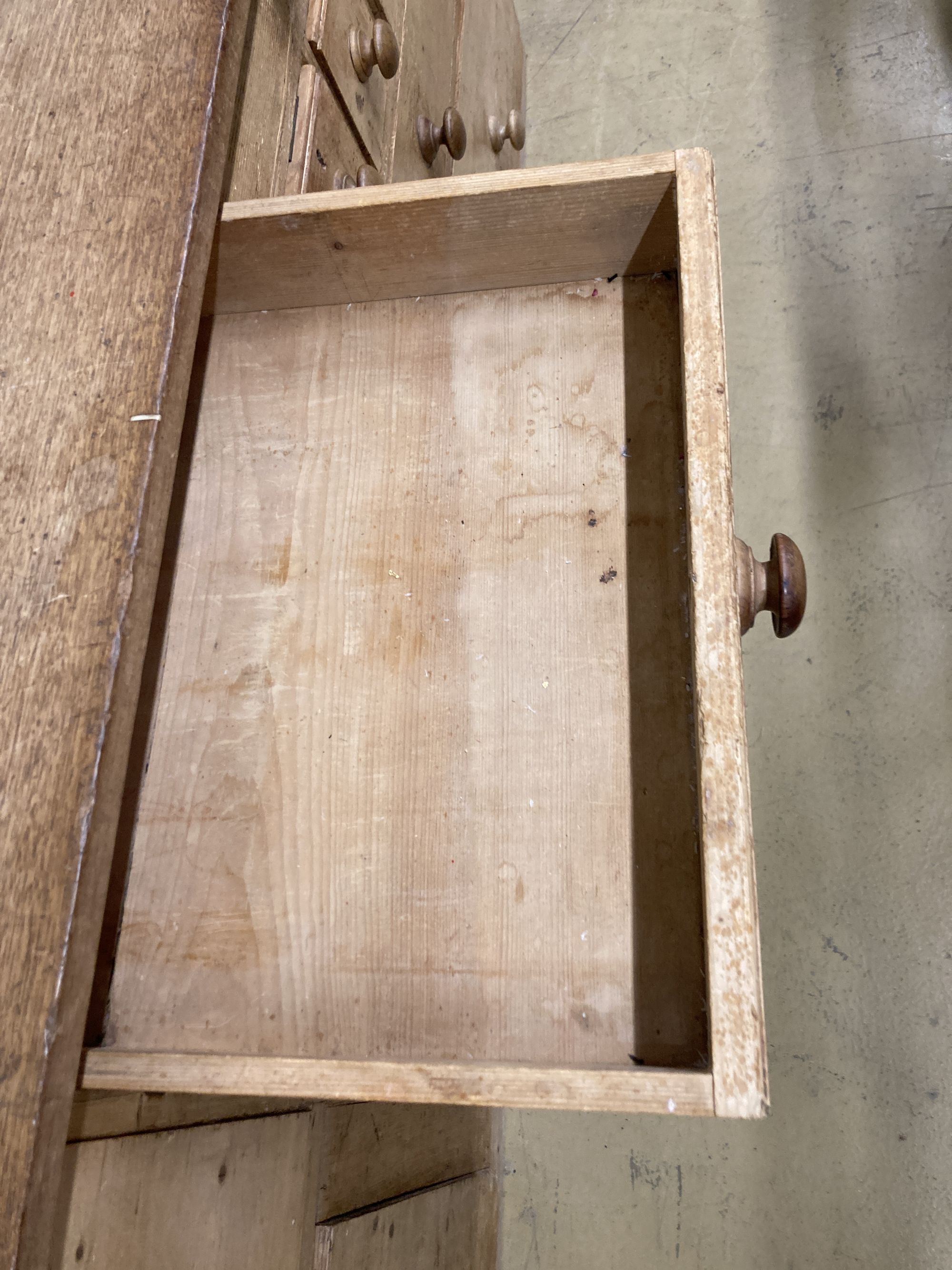 A Victorian pine haberdashery counter, length 232cm, depth 58cm, height 85cm